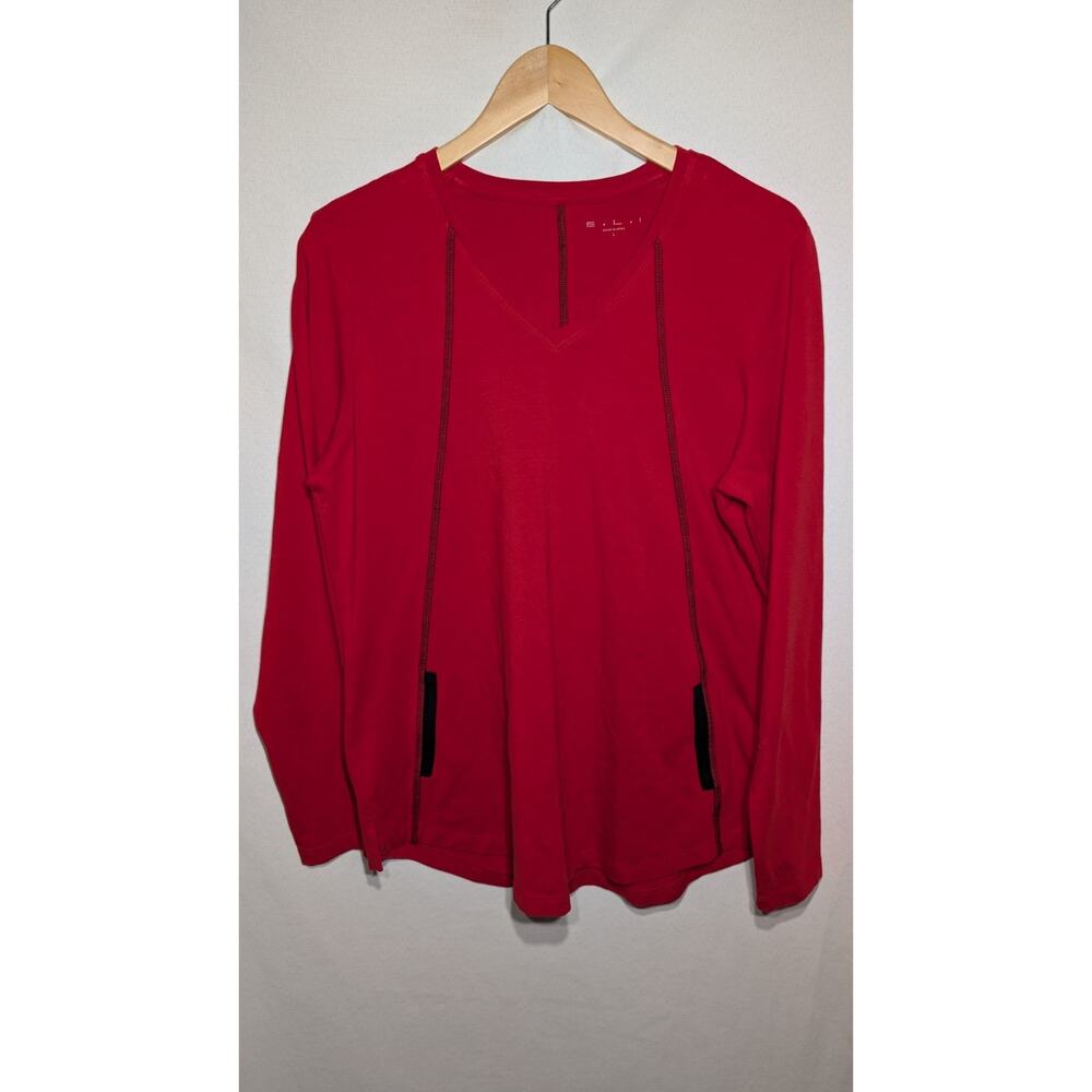 E.L.I. Womens Red Pima Cotton Knit‎ Long Sleeve Shirt Sz L Luxury Comfort Soft